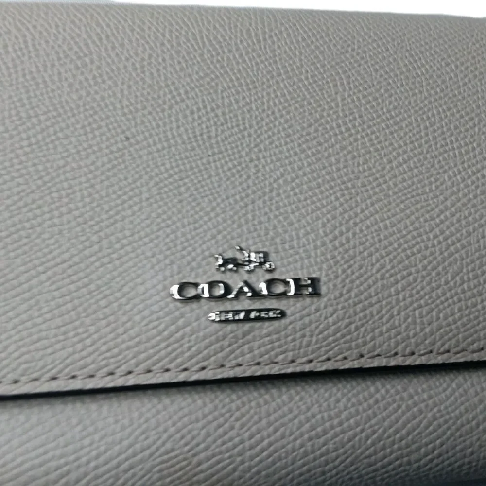 Coach Slim Trifold Wallet Taupe Brown/Gray Refined Pebble Leather